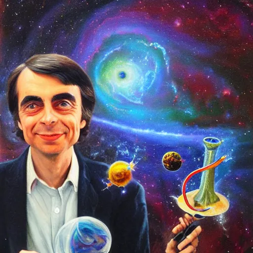 Prompt: an epic oil painting of younger carl sagan holding a bong on the show cosmos, cloud of smoke, galaxies, nebulae, hubble, james webb space telescope, digital painting bioluminance / n 4