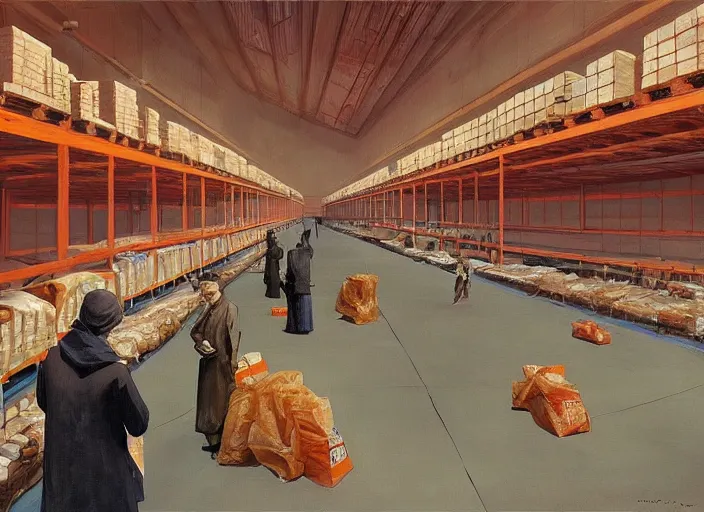 Prompt: inside a giant warehouse Amazon fulfillment center, people stacked on shelves in plastic bags Edward Hopper and James Gilleard, Zdzislaw Beksinski, highly detailed