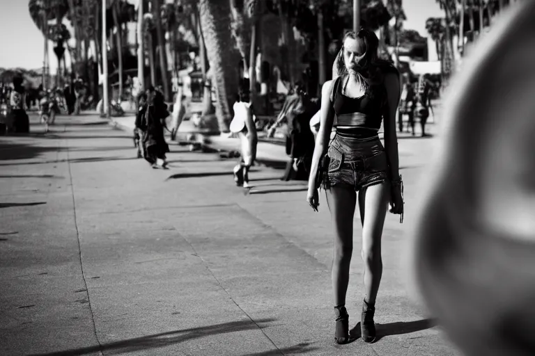 Prompt: street photography of gorgeous model girl on Santa Monica peer By Emmanuel Lubezki