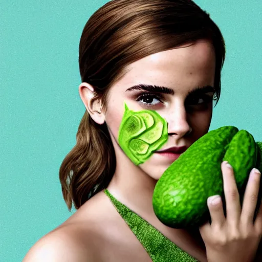 Image similar to photograph of emma watson with green avocado skin, anthropomorphic, photoshop