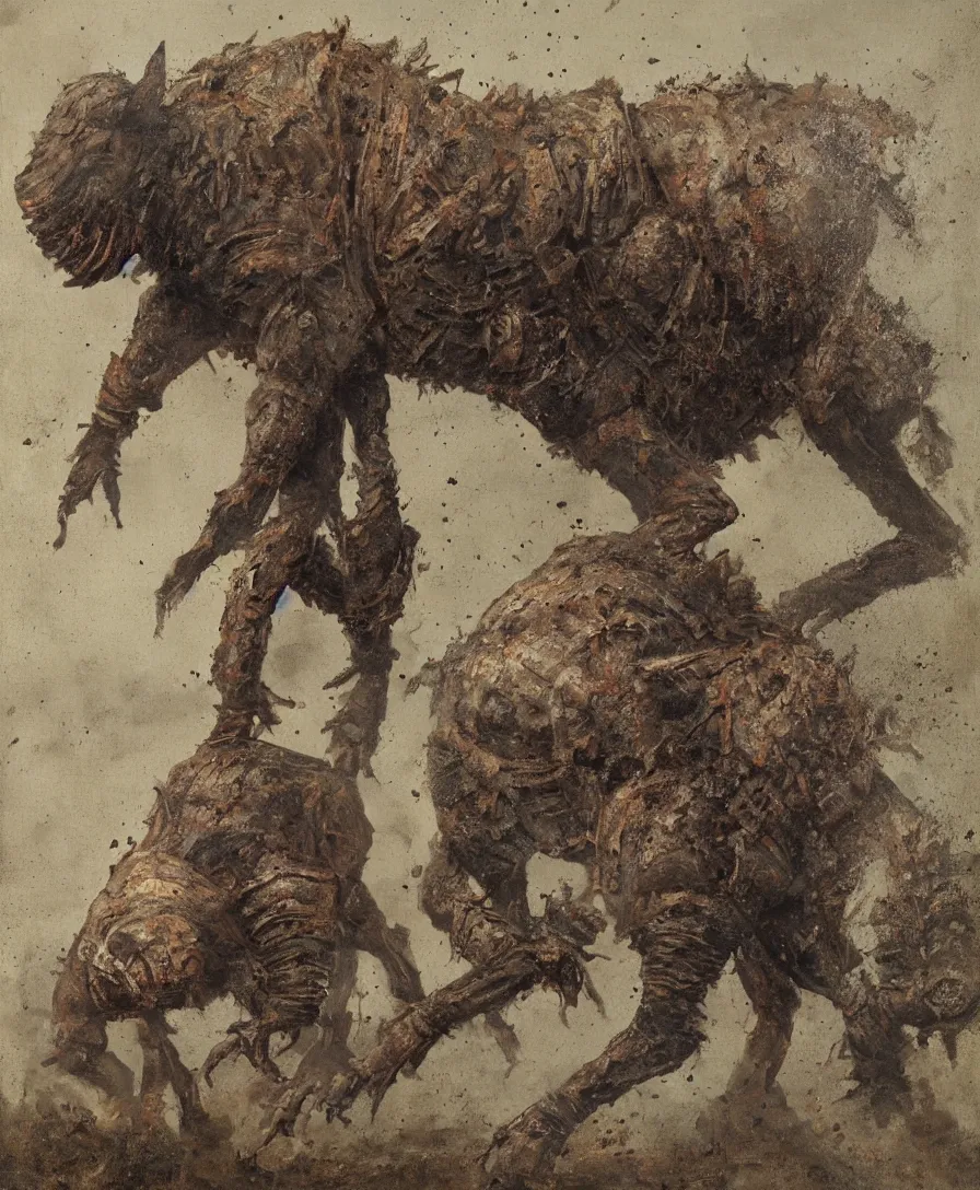 Image similar to Muddy bipedal warthog in armor. Armored warthog humanoid. Soot and stained warthog. oldpainting, oldmasters, digital illustration, centered on warthog, oil on canvas, private collection