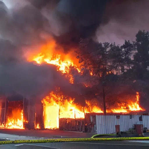 Image similar to The lumber section of a Lowe's Warehouse on fire