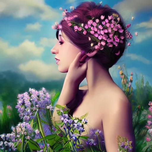 Prompt: a picture of a dreaming woman with flowers roses peonies forget-me-nots dahlias lupins gladioli grow out of hair, sky theme in background, Digital Art, Trending on artstation