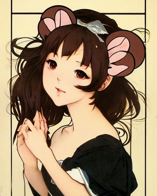 Image similar to A cute painting of a very very beautiful anime skinny mousegirl with long wavy brown colored hair and small mouse ears on top of her head wearing a cute black dress and black shoes looking at the viewer, elegant, delicate, feminine, soft lines, higly detailed, smooth , pixiv art, ArtStation, artgem, art by Gil Elvgren alphonse mucha and Greg rutkowski, high quality, digital illustration, concept art, very long shot