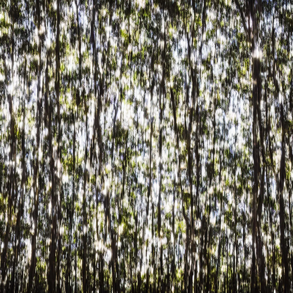 Image similar to a close up long exposure photograph of eucalyptus trees moving by a strong wind, back light, sony ar 7 ii, photographed by trent parke