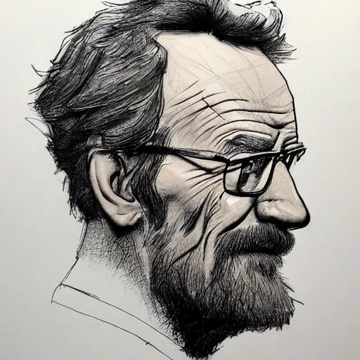 Prompt: a realistic yet scraggly portrait sketch of the side profile of a stern and sophisticated bryan cranston, trending on artstation, intricate details, in the style of frank auerbach, in the style of sergio aragones, in the style of martin ansin, in the style of david aja, in the style of mattias adolfsson