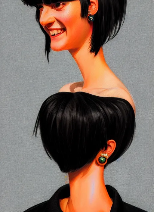 Image similar to portrait of high school girl, realistic, black hair, bangs, half updo hairstyle, pointy nose, skinny, smile, ugly, defined jawline, big chin, orange hair bow, earrings, intricate, elegant, glowing lights, highly detailed, digital painting, artstation, sharp focus, illustration, art by wlop, mars ravelo and greg rutkowski