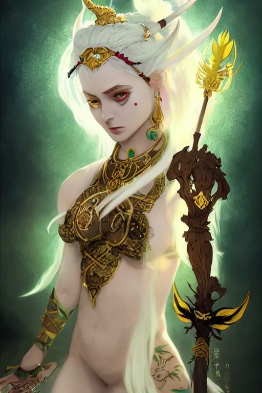 Image similar to beautiful fairy, brown skin, white hair, devil's horn on her head, green eyes and the third eye on her forehead, dressed in dunhuang clothes, with black and gold wings behind her, and a brown scepter in her hand. character design, animation image design, painting by wlop