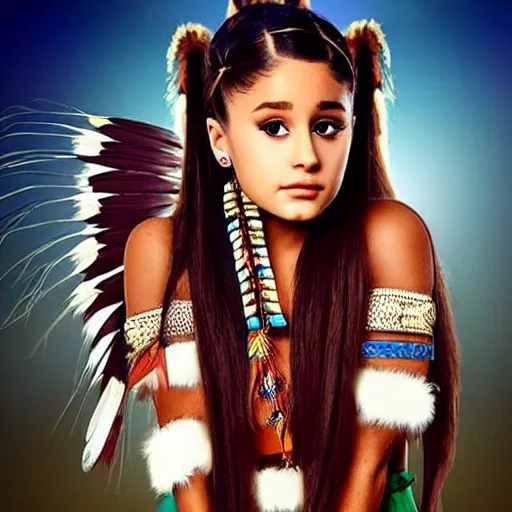 Prompt: ariana grande as a beautiful native american from 300 years ago, colour, photography, realistic,