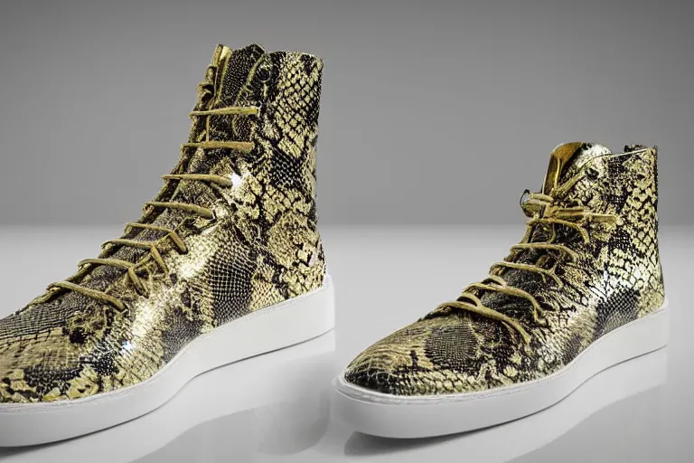 Prompt: one snakeskin hightop sneaker on a white surface, neon illuminated sole, clean 3 d render, beautiful studio lighting, soft, sharp focus, intricate detail, gold filigree, art by iris van herpen