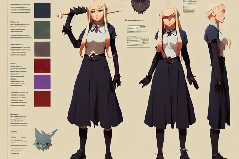 Image similar to character sheet of attractive female student witch, magic school uniform, blonde hair, by greg rutkowski and studio ghibli, digital art, trending on artstation, highly detailed, concept art, beautiful, masterpiece