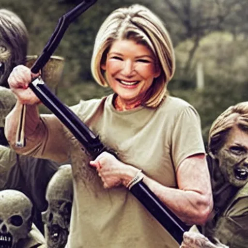 Prompt: Martha Stewart grinning while slaying an army of zombies with a samurai sword, realistic, photograph