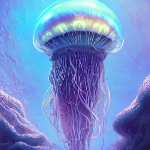 Image similar to photorealistic beautiful ethereal jellyfish planet in the style of michael whelan and greg rutkowski. hyperdetailed photorealism, 1 0 8 megapixels, amazing depth, glowing rich colors, powerful imagery, psychedelic overtones, 3 d finalrender, 3 d shading, cinematic lighting, artstation concept art