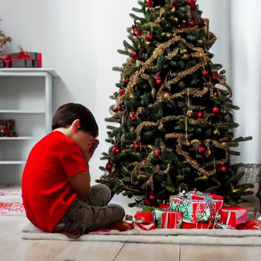 Prompt: a kid at christmas disappointed and sad that his present was a giant moai statue | inside of a house next to a christmas tree