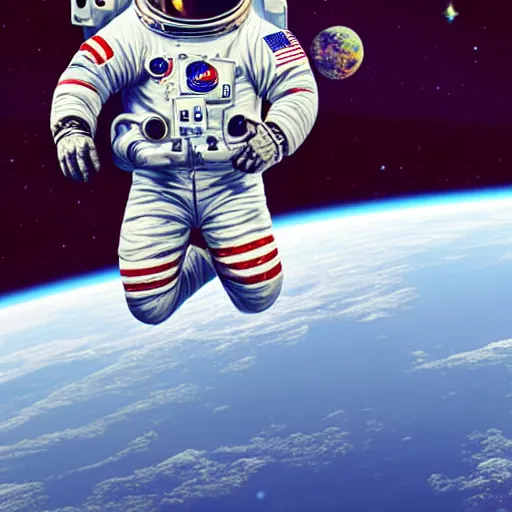 Image similar to hyper realistic, highly detailed, astronaut pug in space.