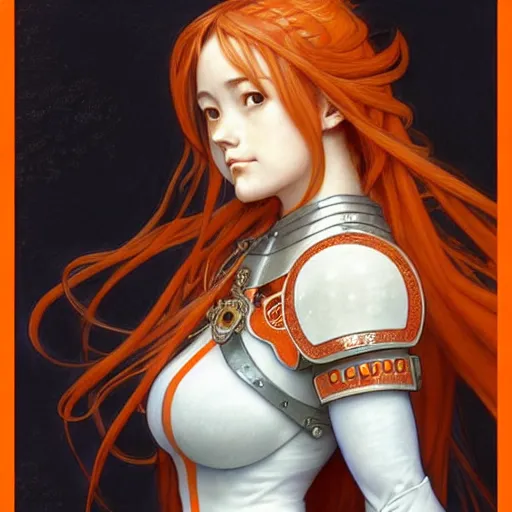 Image similar to Masterpiece head and shoulders portrait of Asuna Yuuki, young woman with orange hair wearing a partial paladin armor with a red skirt and white top, face, fantasy, intricate, elegant, highly detailed drawn by Donato Giancola and Fernanda Suarez and Artem Demura, face by Artgerm and Edmund Leighton, Alphonse Mucha, background by James Jean and Gustav Klimt, 4k, porcelain skin, komorebi, french nouveau, trending on pixiv, octane render, hyperrealistic