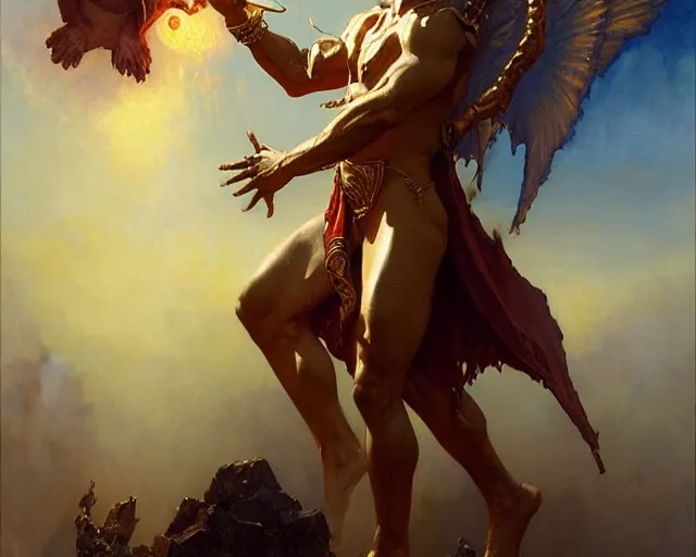 Image similar to grandiose male deity, casting demonic magic, summoning handsome lucifer morning star. highly detailed painting by gaston bussiere, craig mullins, j. c. leyendecker 8 k