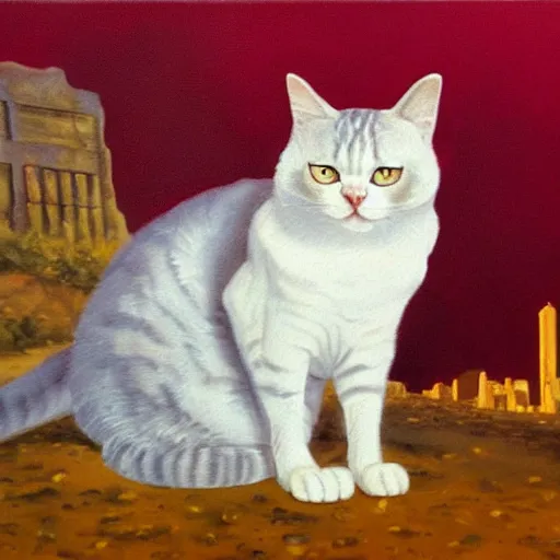 Prompt: oil painting of a cat observing the end of the world, aftermath of nukes, wasteland of a city, red tinted hue