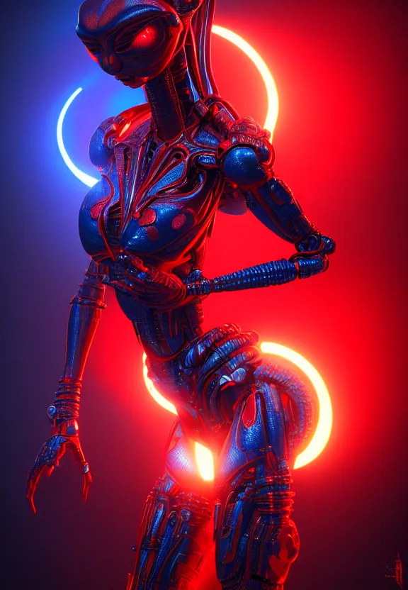 Image similar to ultra realist intricate detailed painting of a single attractive alien female, red sky, red and blue lighting, full body, curvy, black scales and cyborg tech, symmetry accurate features, very intricate details, focus, 8k render, artstyle Hiraku Tanaka, award winning