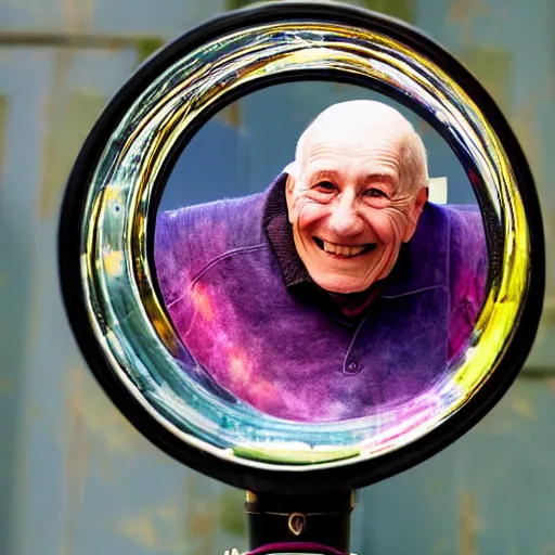 Image similar to a smiling old man seen through a kaleidoscope