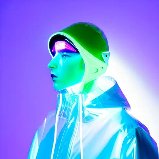 Prompt: an ultra high definition professional studio quality portrait photograph of an artificial celebrity cyberpunk pop star wearing a transparent iridescent perspex pastel coloured face visor and matching raincoat in an empty white room. dramatic lighting. volumetric shadows. light rays