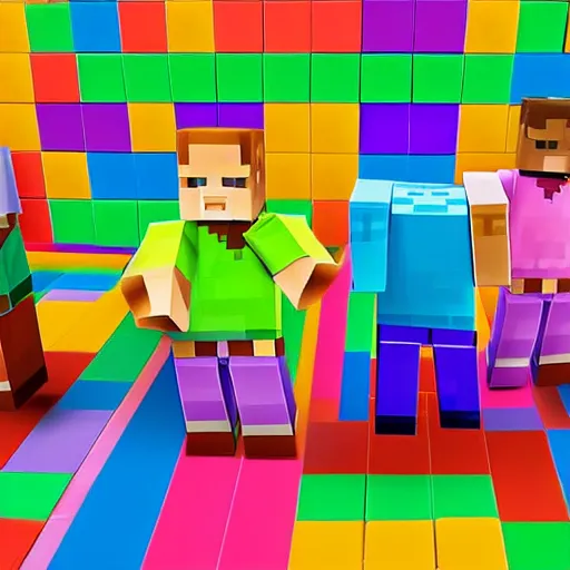 Prompt: block figures looking like roblox figures or minecraft players, playing with a computer in a block world, having fun in the sun, bright and fun colors