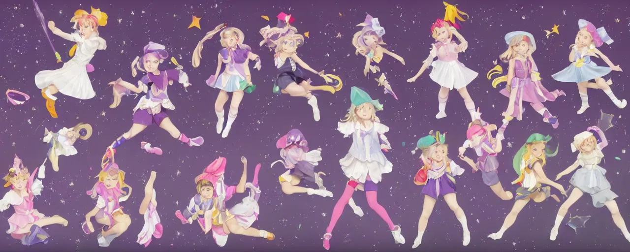 Image similar to A character sheet of full body cute magical girls with short blond hair wearing an oversized purple Beret, Purple overall shorts, Short Puffy pants made of silk, pointy jester shoes, a big billowy scarf, and white leggings. Rainbow accessories all over. Flowing fabric. Covered in stars. Short Hair. Art by Johannes Helgeson and william-adolphe bouguereau and Paul Delaroche and Alexandre Cabanel and Lawrence Alma-Tadema and WLOP and Artgerm. Fashion Photography. Decora Fashion. harajuku street fashion. Kawaii Design. Intricate, elegant, Highly Detailed. Smooth, Sharp Focus, Illustration Photo real. realistic. Hyper Realistic. Sunlit. Moonlight. Dreamlike. Fantasy Concept Art. Surrounded by clouds. 4K. UHD. Denoise.