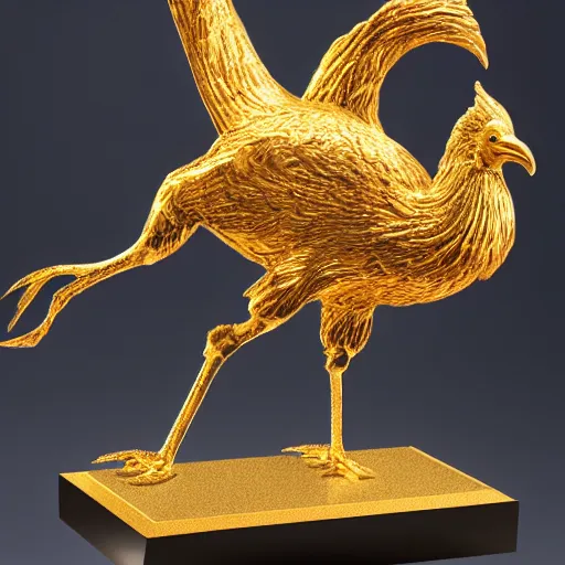 Image similar to a golden rooster sculpture presented in a museum, realistic, ultra high detail, 8 k.