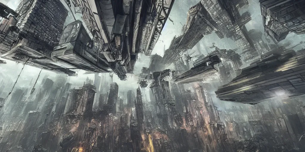 Image similar to upside down post-apocalyptic city, sci-fi, cinematic