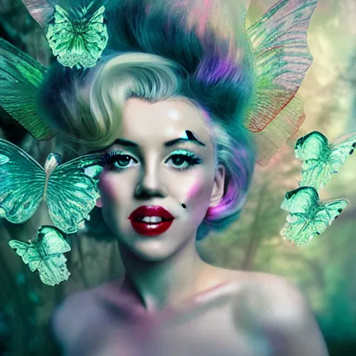 Prompt: portrait by bella kotak, marilyn monroe as a beautiful fairy, translucent butterfly fairy wings, a forest clearing in the background, luminescent holographic colors, otherworldly, high fantasy art, soft glow, iridescent colors, ethereal aesthetic, intricate design, fae elements, detailed shiny blonde hair, whimsical, atmospheric,
