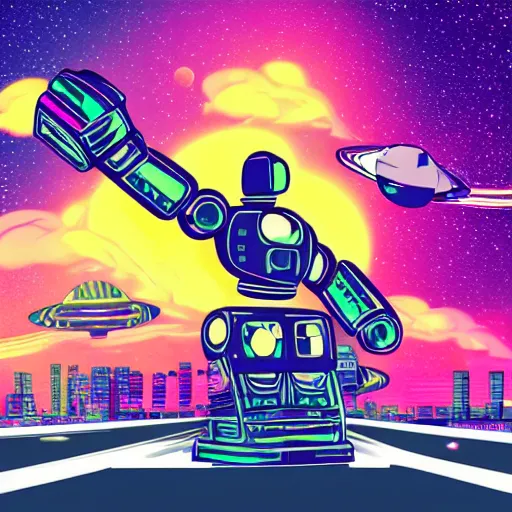 Image similar to Robot Taxi Driving through space, intergalactic background, vaporwave style