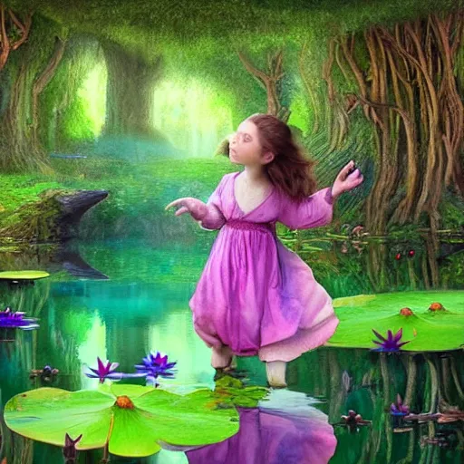 Image similar to a hobbit girl backlit carrying flowers near a mirror like pond, by alan lee, colorful clothing, springtime flowers and foliage in full bloom, lotus flowers on the water, dark foggy forest background, sunlight filtering through the trees, digital art, art station.