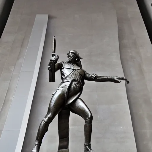 Image similar to [Sculpture of St.Georges slaying the billionaire in the style of futurist brutalism, concrete, in an art gallery]