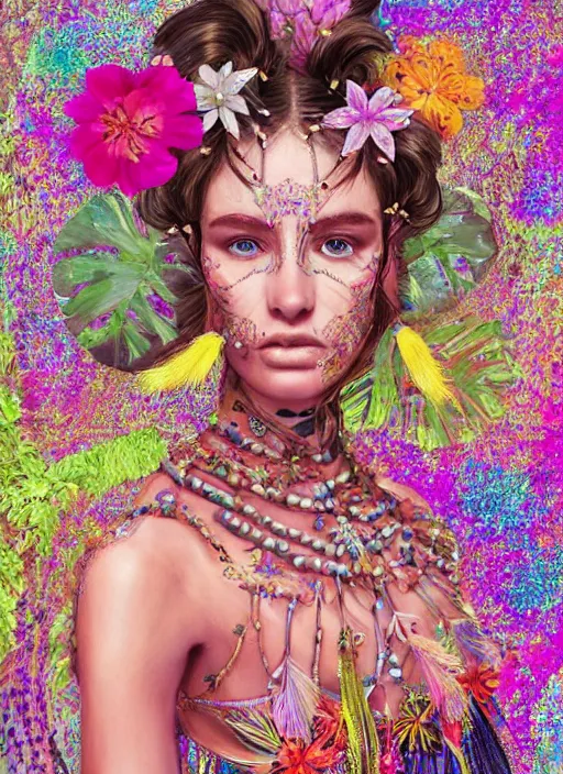 Image similar to beautiful portrait of a super model wearing fantastic dress,embellished beaded feather decorative fringe knots ,colorful pigtail,subtropical flowers and plants,perfect symmetrica body shape,symmetrical face,intricate,elegant,highly detailed,8k,post-processing,digital painting,trending on pinterest,harper's bazaar,concept art, sharp focus, illustration, by artgerm,Tom Bagshaw,Lawrence Alma-Tadema,greg rutkowski,Alphonse Mucha,golden ratio