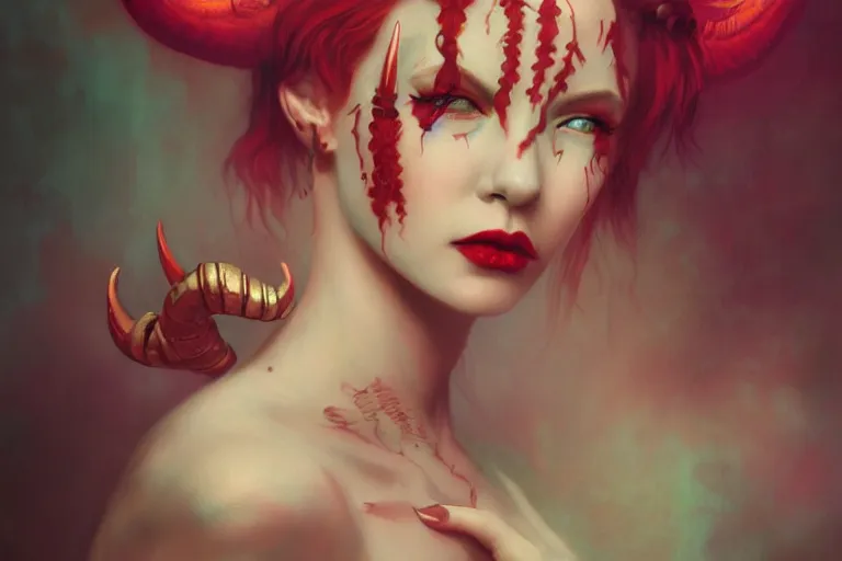 Prompt: pretty demon girl with horns photograph in the style of tom bagshaw, colorful, realistic, 8 k