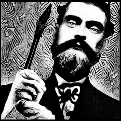 Prompt: black and white pen and ink!!!! Twin Peaks Black Lodge goetic vampire Colonel Sanders handsome beard golden!!!! Vagabond!!!! floating magic swordsman!!!! glides through a beautiful!!!!!!! liquid magic floral crystal battlefield dramatic esoteric!!!!!! pen and ink!!!!! illustrated in high detail!!!!!!!! by Moebius and Hiroya Oku!!!!!!!!! graphic novel published on 2049 award winning!!!! full body portrait!!!!! action exposition manga panel black and white Shonen Jump issue by David Lynch eraserhead and beautiful line art Hirohiko Araki!!