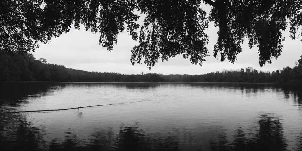 Image similar to a infinitely long thick rope zig - zagging snaking across the surface of the water into the distance, floating submerged rope stretching out towards the center of the lake, a dark lake on a cloudy day, atmospheric, color film, trees in the background, hyper - detailed photo, anamorphic lens