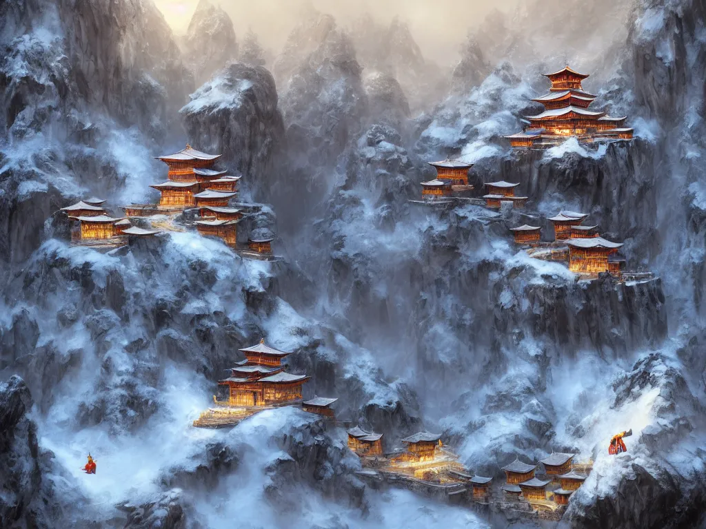 Image similar to shaolin monastery on snowy mountain, rope ladder everywhere, trending on artstation, by frank frazetta, concept art, digital art, cool color palette, 8 k, sad, incandescent, cinematic lighting, ray tracing ambient occlusion, in a symbolic and meaningful style, insanely detailed and intricate, hypermaximalist, elegant, ornate, hyper realistic, super detailed