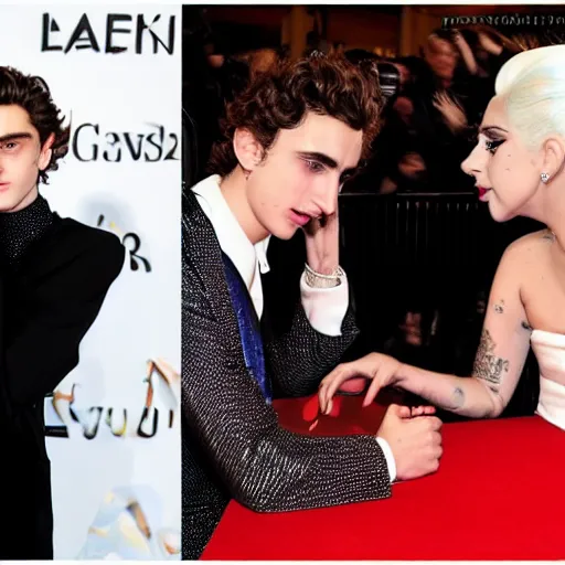 Image similar to timothee chalamet and lady gaga meet eachother photographed by pascal rostain, highly beautiful faces, highly detailed