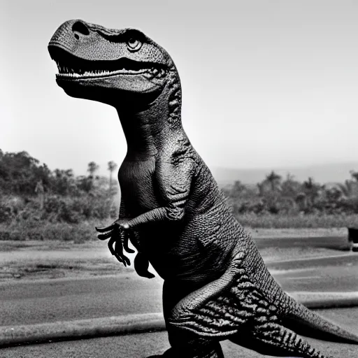 Prompt: t rex dinosaur in the vietnam war black and white photography realistic sharp focus