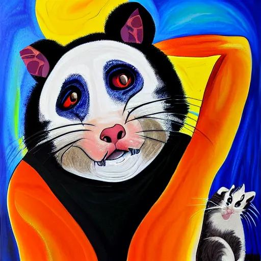 Image similar to danny devito in the form of a possum scaring away cats abstract painting