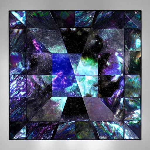 Image similar to dark matter faceted reality breaks into fragments, the mother - of - pearl sky and the black window