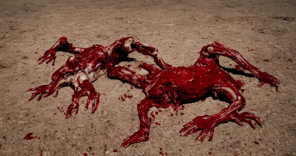 Image similar to in the desert a bloody gross horrifying The Thing creature made of muscle and bone and blood stares at the camera, eating, there is a pool of blood on the ground, it walks on two legs, like a skinwalker, mid day, 35mm photography, realistic,