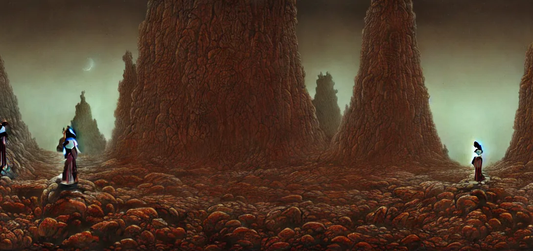 Prompt: alien landscape with eerie god statues, painted by beksinski, 4 k, intricate details, unreal engine, dynamic lighting