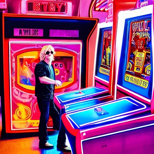 Image similar to hall and oates in an arcade 1 9 8 8, ( sony a 7 r iv, symmetric balance, polarizing filter, photolab, lightroom, 4 k, dolby vision, photography awardm, voque, perfect face )