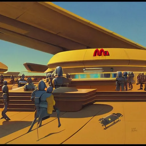 Prompt: ralph mcquarrie concept art of a futuristic mcdonalds. a space station is seen off in the distance with various droids and people walking in the foreground.