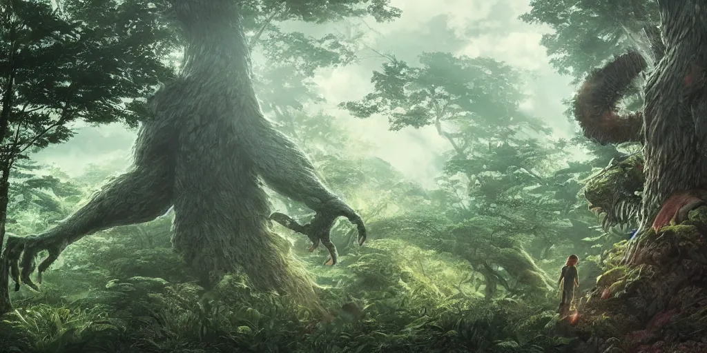 Prompt: giant monster, forest, tree tops, 4 k, artgerm, high detail, dramatic lighting, sunset, hayao miyazaki, masashi ando, nizou yamamoto, kazuo oga, joe hisaishi, yoji takeshige, naoya tanaka