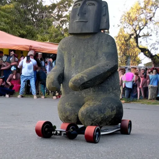 Image similar to moai statue doing a kickflip on a skateboard