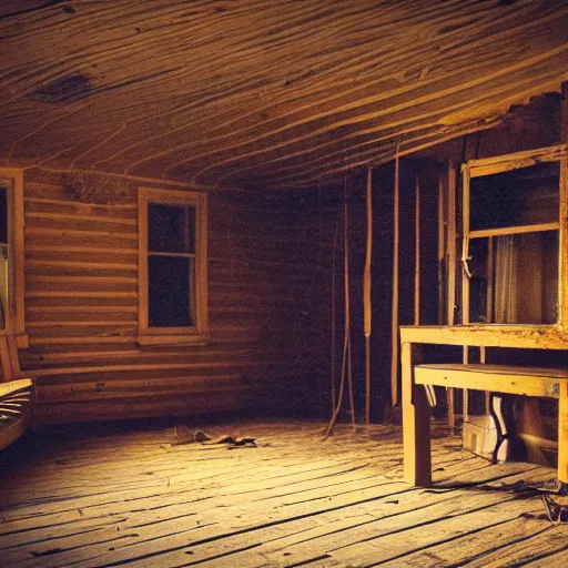 Prompt: a film production still, 2 8 mm, wide shot of a cabin interior, wooden furniture, cobwebs, spiderwebs, dynamic volumetric lighting, abandoned, depth of field, cinematic