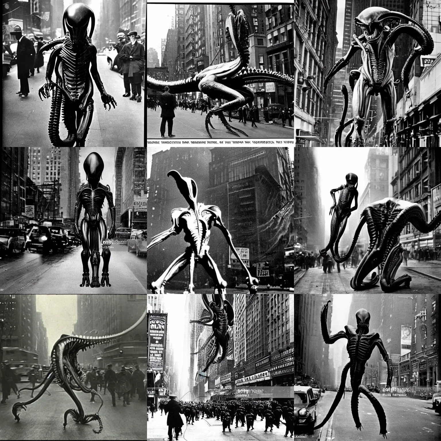 Image similar to old black and white photo, 1 9 1 3, depicting a xenomorph from the movie aliens rampaging through the bustling streets of new york city, historical record